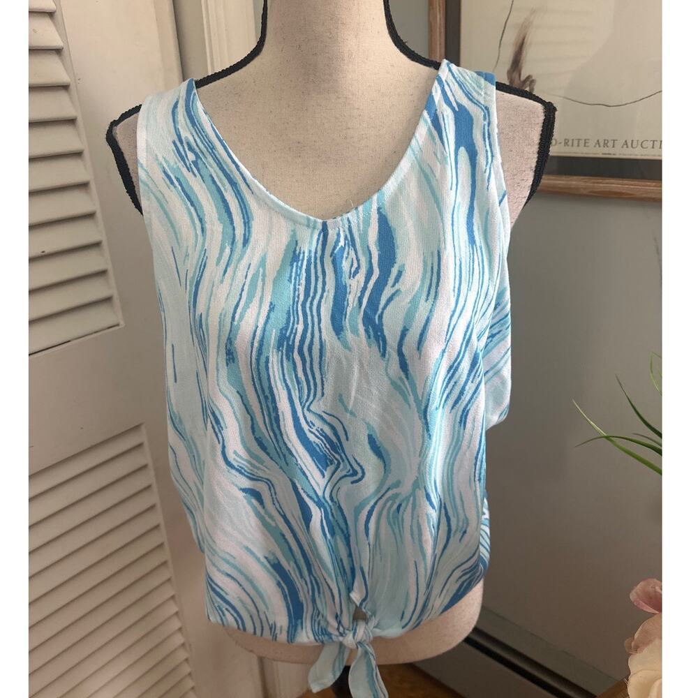 Kikit Top Womens Medium Blue Marble Knit Tie Front Beachy Coastal Dreamy Girl